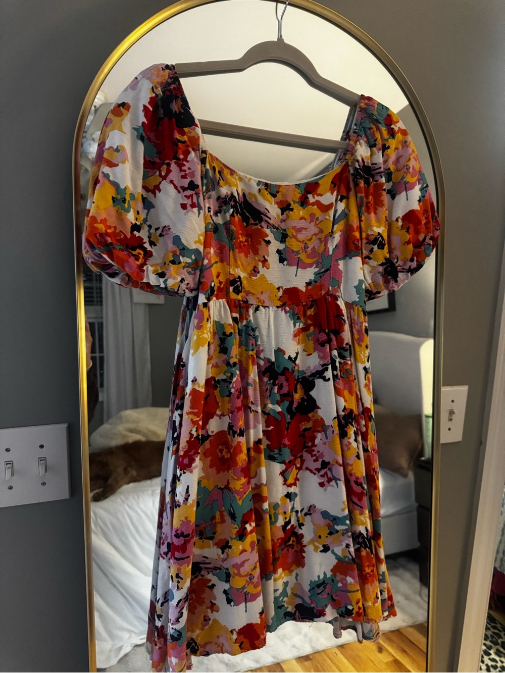 Floral Puff Sleeve Mini Dress - White Base with Multicolor Floral Print